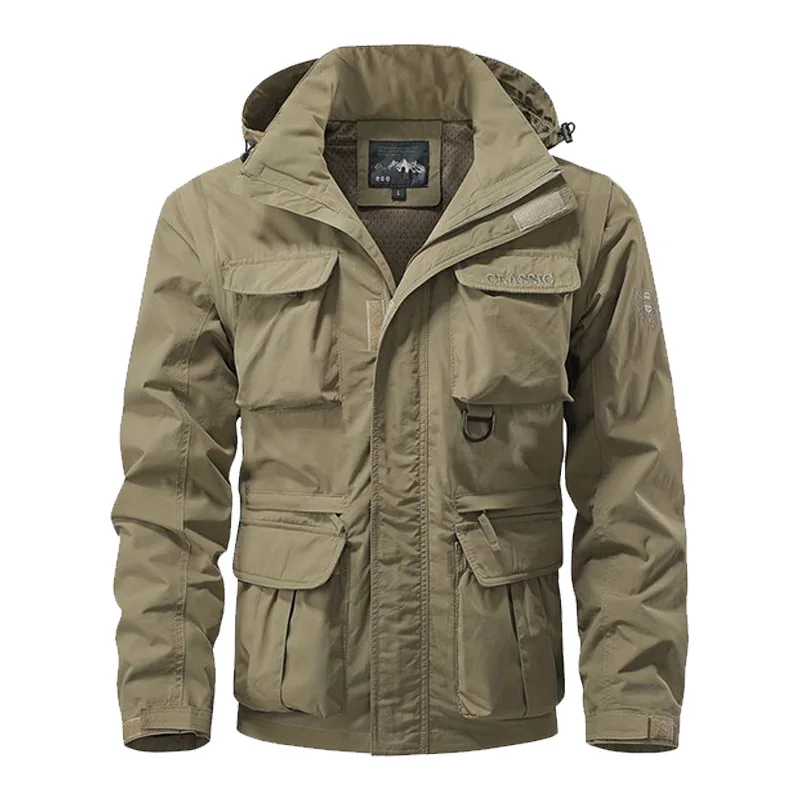 Men's Windproof Waterproof Jacket with Detachable Hood Outdoor Raincoat Multi Pocket Casual Windbreaker for Hiking Camping