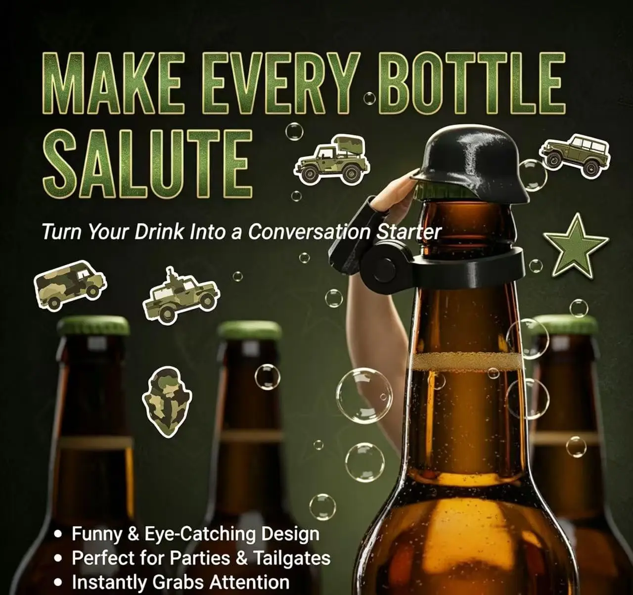 Novelty Military Salute Beer Bottle Helmet Drinking Hat, Distinctive Decorative Designs Beer Lid Accessory Great Drinking Gift