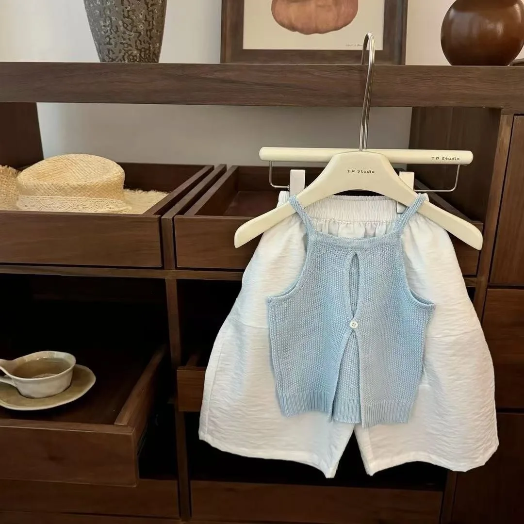 

Summer Fashion Baby Girl Two-Piece Sleeveless Knitted Top And White Pants Set Children's Clothing Ensemble for Little Girls