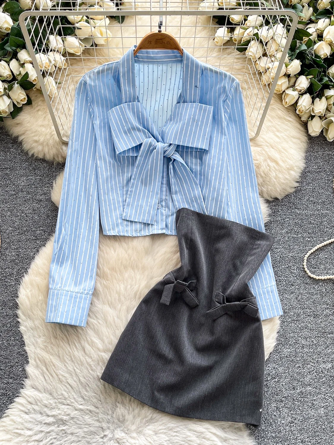 Ele ストライプロングスカート レディース ハイウエスト スリムフィット 蝶ネクタイスカート ツーピースセット 通勤スカート 秋服