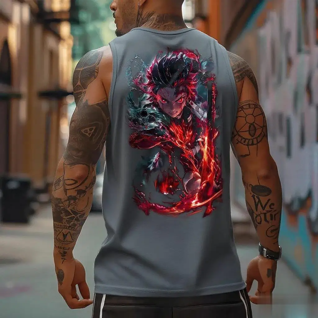 الصيف العصرية سترة رياضية المتضخم عادية شيطان القاتل الرجال أكمام تانك القمم الشارع الشهير أنيمي طباعة الجرافيك العضلات التي شيرت جديد