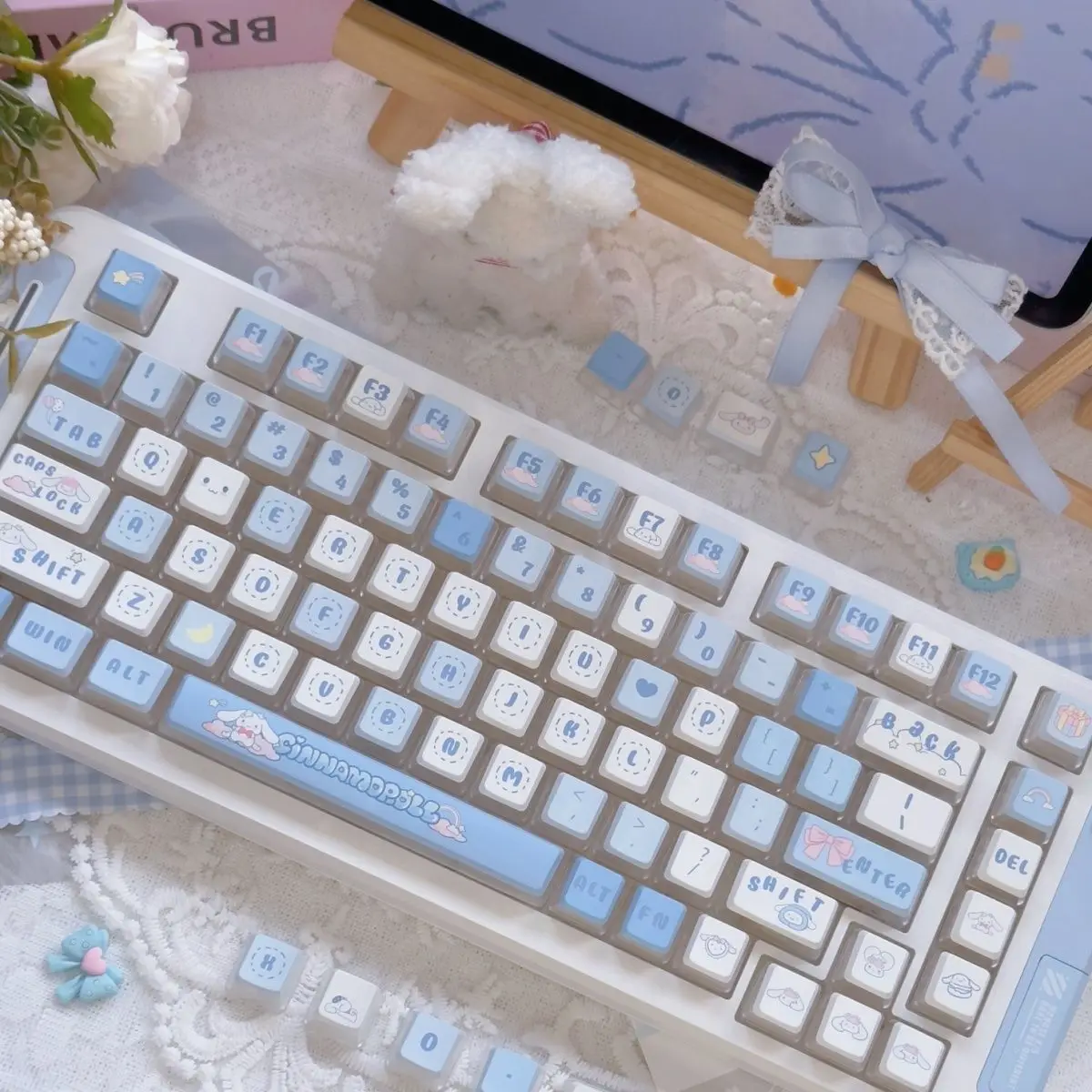 Kawaii Cute Sanrio Cinnamoroll Pudding Keycaps 128 Keys OEM Profile PBT Translucent MX Switch Gaming Mechanical Keyboard Keycap