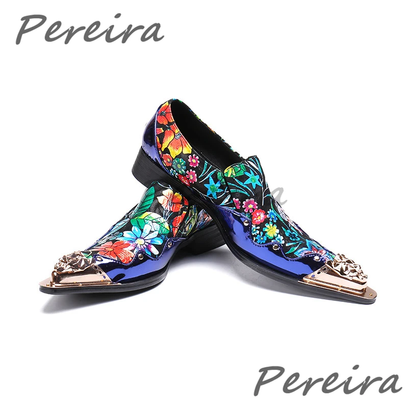 

Trendy Blue Printed Patchwork Cowhide Shoes for Men Summer Breathable Handmade Business Dress Shoe Banquet Men's Formal Shoes
