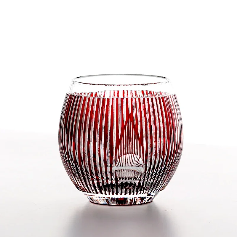 Red Overlay Crystal Hand Carved round Japanese Style Whiskey Glass 240ml with Unique Stripes Pattern