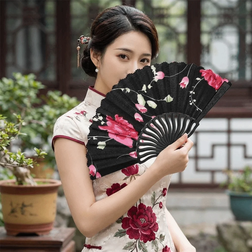 Exquisite Plastic Rod Folding Fan Hollow Decorative Flower Handheld Fan with Fan Ring Summer Cooling Fan Stage Performance
