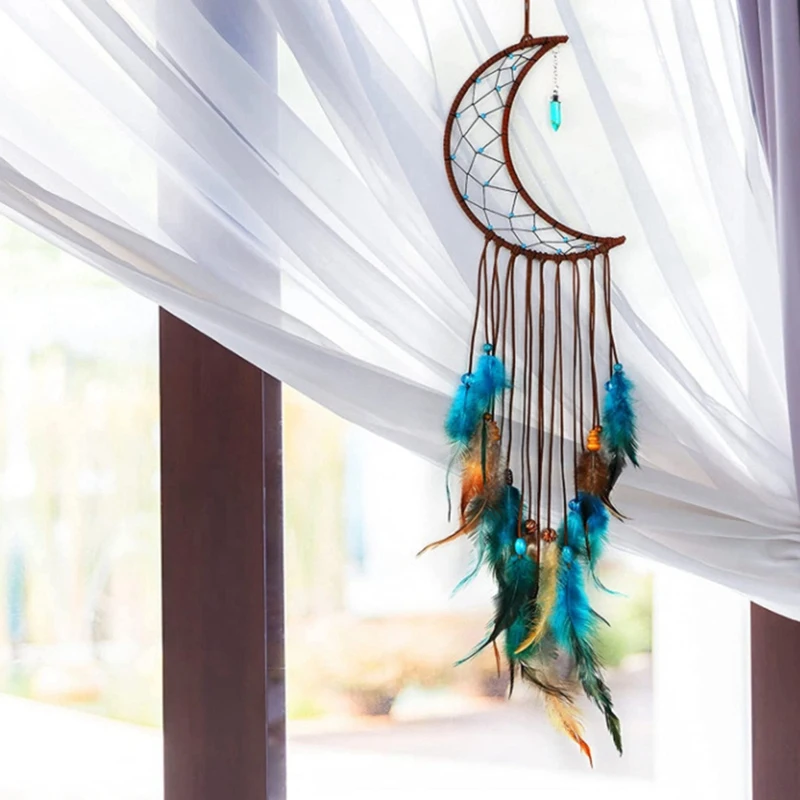 3 Pieces Dream Catcher Set With Light Moon Star Design Handmade Feather Lucky Turquoise Pendant Beads Wall Hanging Ornament Kit