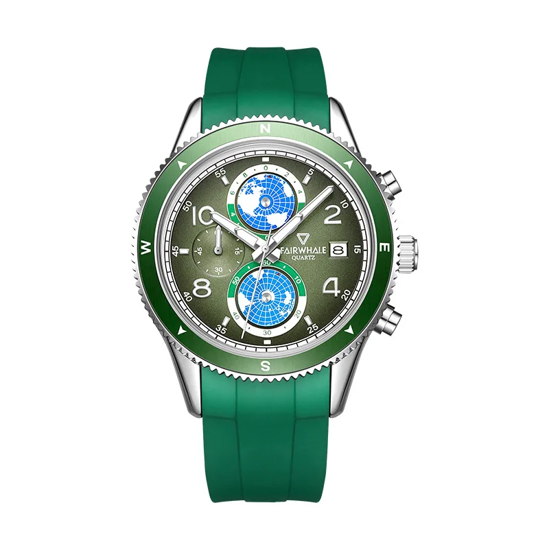 Earth Dial Sport Wristwatch with Silicone Strap Chronograph Waterproof Round Pin Buckle Gift for Men Watch