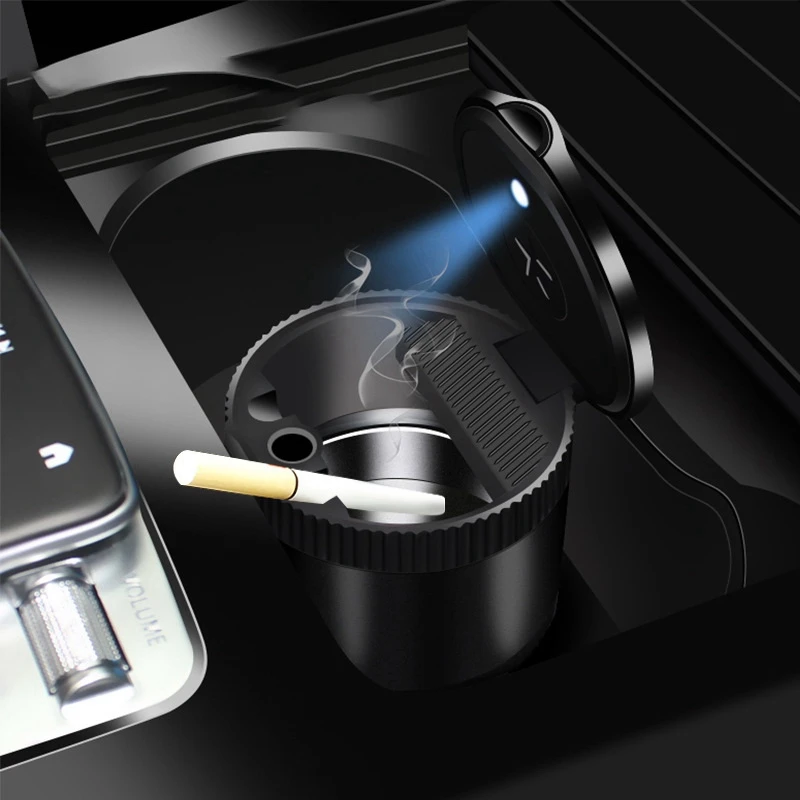 Car Ashtray Portable Blue LED Garbage Mini Storage Cup Container Cigar Ash Cup Holder with Lid Smokeless