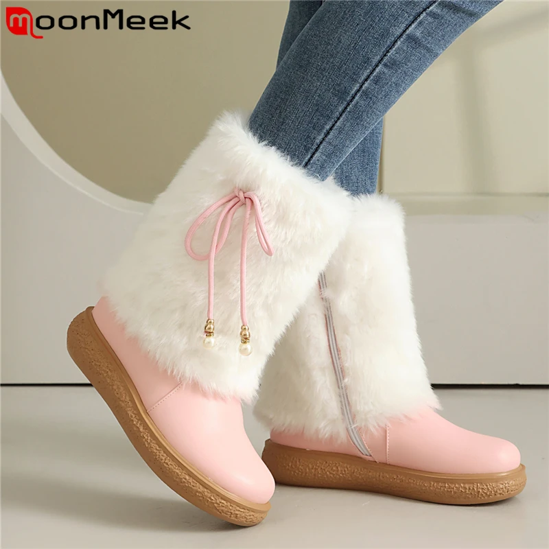 

MoonMeek, большие размеры 34–43, новые зимние ботинки из искусственной кожи, женские зимние ботинки на молнии, черные, розовые, белые, до середины икры, повседневная обувь на толстом меху