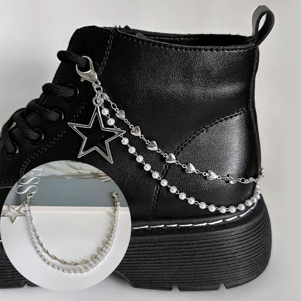 1Pc Double Layer Metal Shoe Chain Silver Color Love Star Shoe Charms Punk Style Boots Canvas Shoe Buckle Pendant Boot Accessory