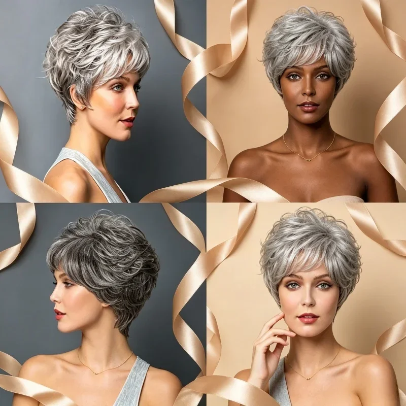 ソフトママヘアウィッグ、女性用ショートナチュラルウィッグ、ショートグレーオンブレカーリー人毛コスチュームパーティーウィッグ、前髪付き、普段使い用