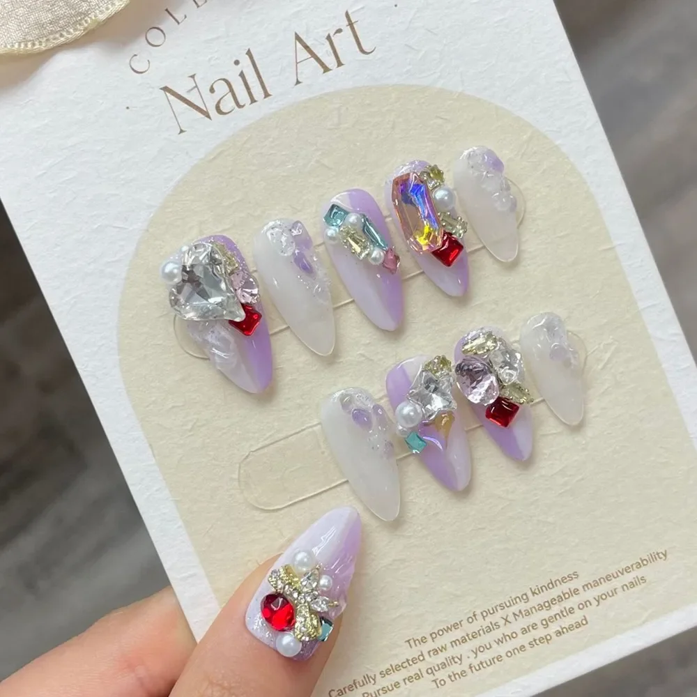 

Handmade Luxury Press on Nails Almond Purple French Y2k Reusable Adhesive False Nails Charm Design Artifical Acrylic Nail Tips