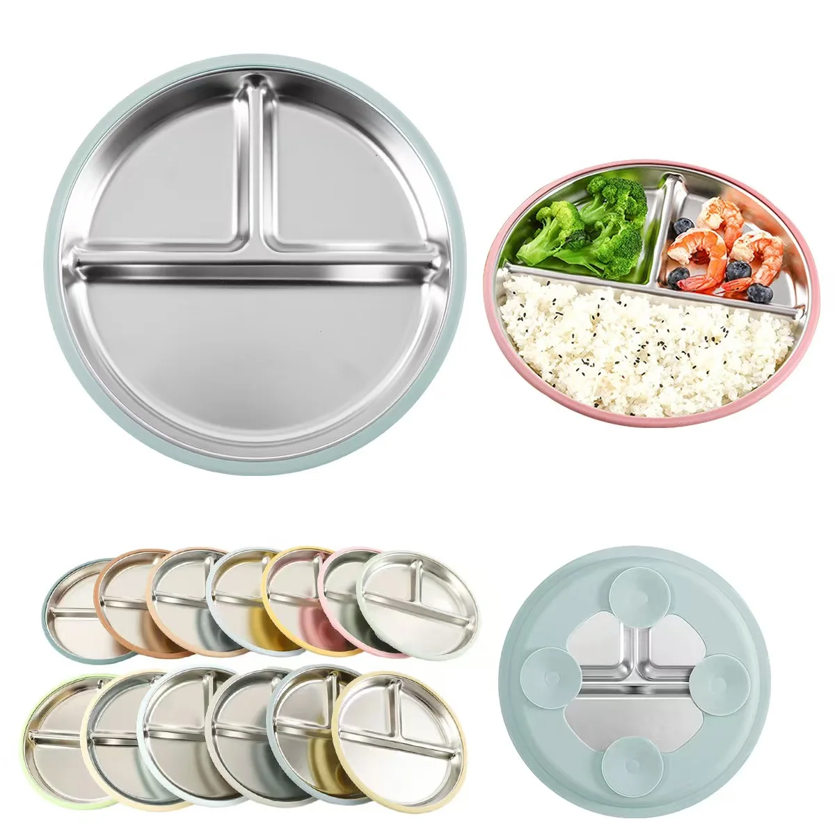 

304 Stainless Steel Suction Divided Plate - 3 Compartments Anti-Slip Baby Toddler Feeding Tray, Portion Control Diet Plate, Shal