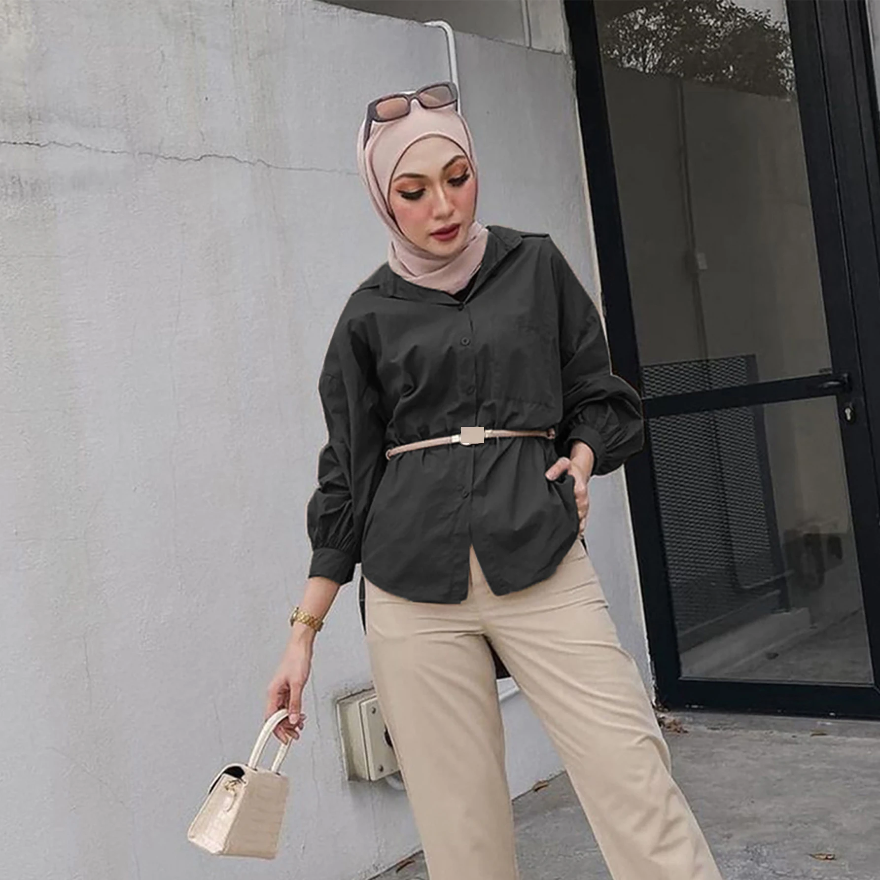 2025 New Muslim Women Long Sleeve Tops Buttons Shirt Solid Color Blouse Casual Turkey Kaftan Islam Clothing Arabic Dubai Shirts