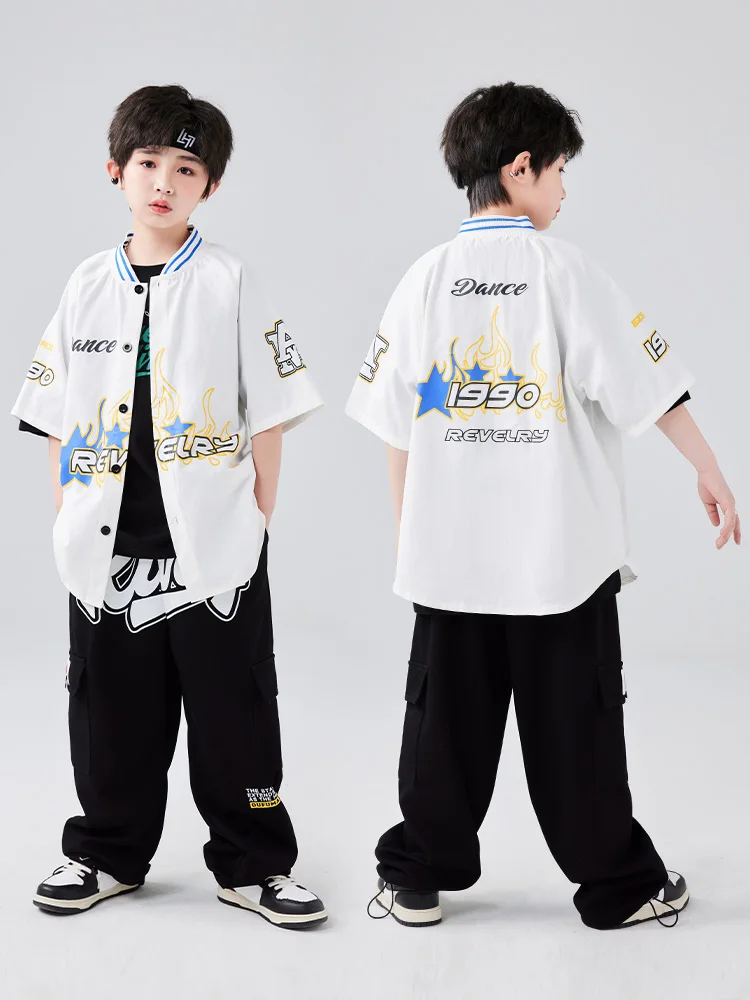 Kids Hip Hop Clothing Boys White Coat Black Pants Loose Short Sleeves Girls Modern Dance Performance Costume Casual Wear BL10722