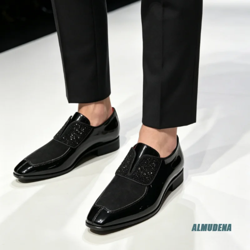 

Black Rhinestone Suede Patent Leather Loafers Men's Pointed Toe Slip-On Street Style Formal Party Office Low-Top Dress Shoes