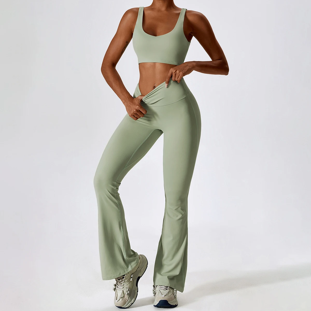 

Gym Yoga Two Piece Set Women Tight Fitting Sports Workout Clothes T Shirts Tank Top Bell-bottoms Leggings Tracksuit Female