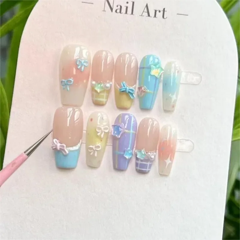 Handmade Fake Nails Summer Stars Cute Nails Press on French Multicolor 3d Decorated Stick-on False Nails Tips with Box and Tools