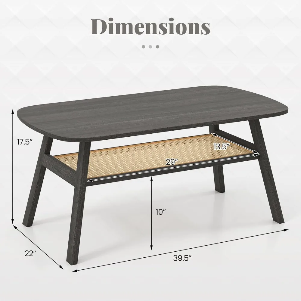 Rattan Coffee Table, 2-Tier Mid Century Modern Rectangular Center Table with Rattan Storage Shelf & Rubber Wood Legs