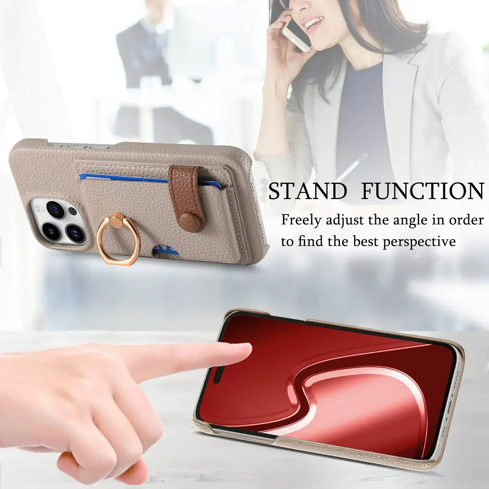 Leather Ring Support Phone Case for IPhone 17 Air 16E 16 15 14 13 12 11 Pro Max XS Plus Wallet with Card Holder Shockproof Cover