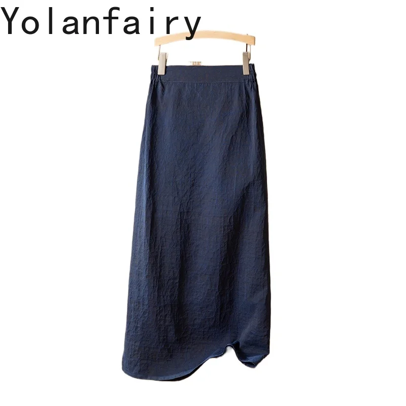 YOLANFAIRY 100% Natural Mulberry Silk Skirt Long Woman Summer Blue Turtle-patterned Gauze Silk Ladies Skirts Straight Slit Skirt