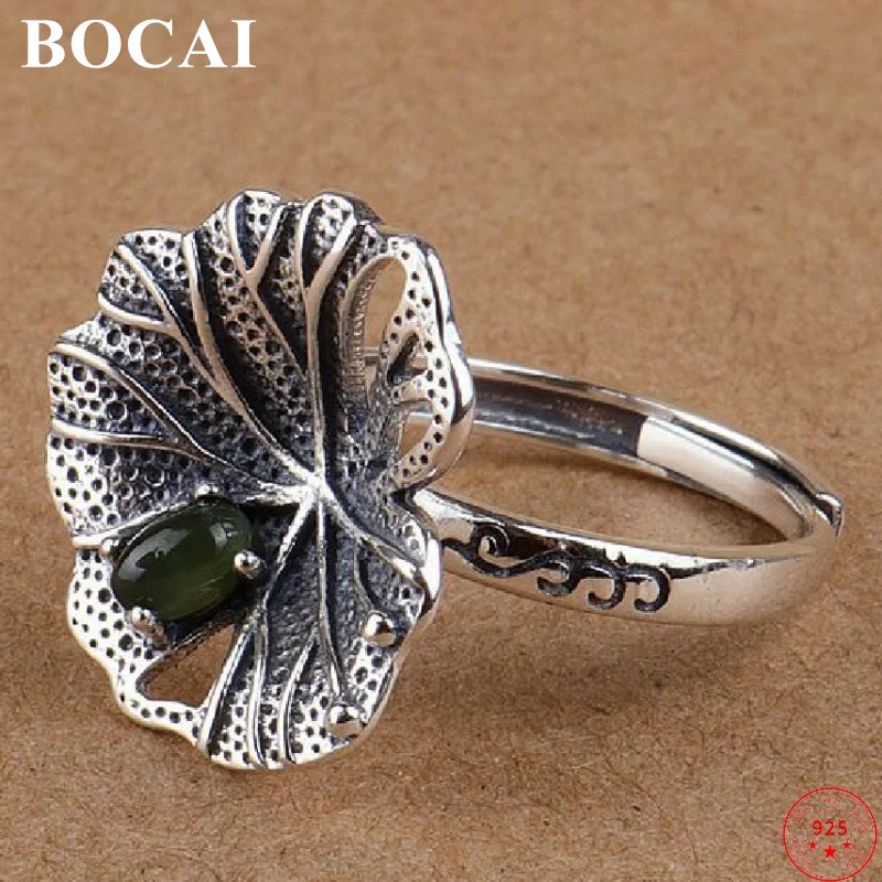 

BOCAI S925 Sterling Silver Charm Rings 2021 Popular Lotus Leaf Jasper Hand Ornaments Pure Argentum Gem Jewelry for Women