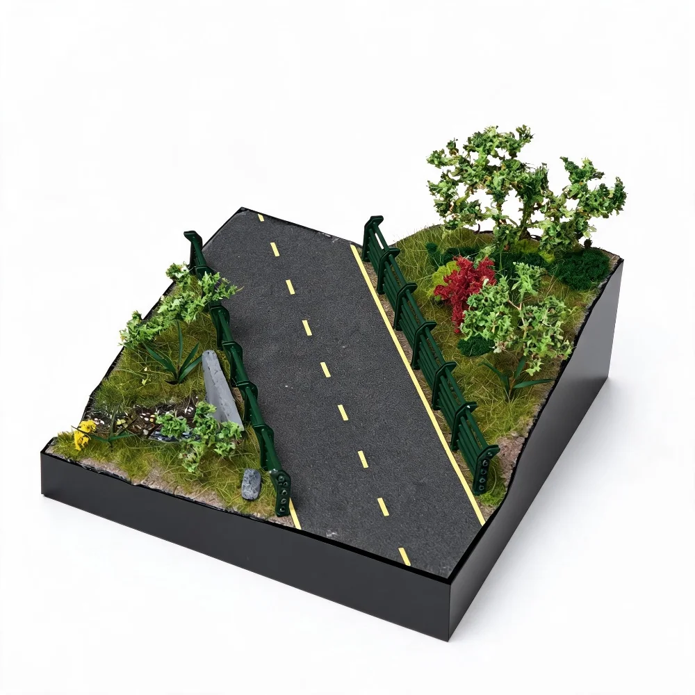 Diorama d'exposition de voitures 1:64 1:87 – Scène routière réaliste avec arbres, clôture et herbe pour la présentation de voitures miniatures de collection