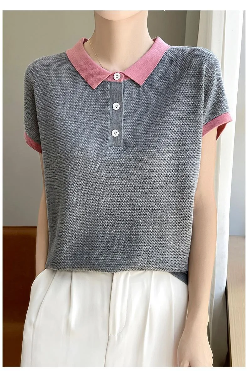 Women Summer Sweater Polo Neck Korean Fashion Short Sleeve Tee Pullover Loose Casual Ice Silk Female Outwear Clothing view 6