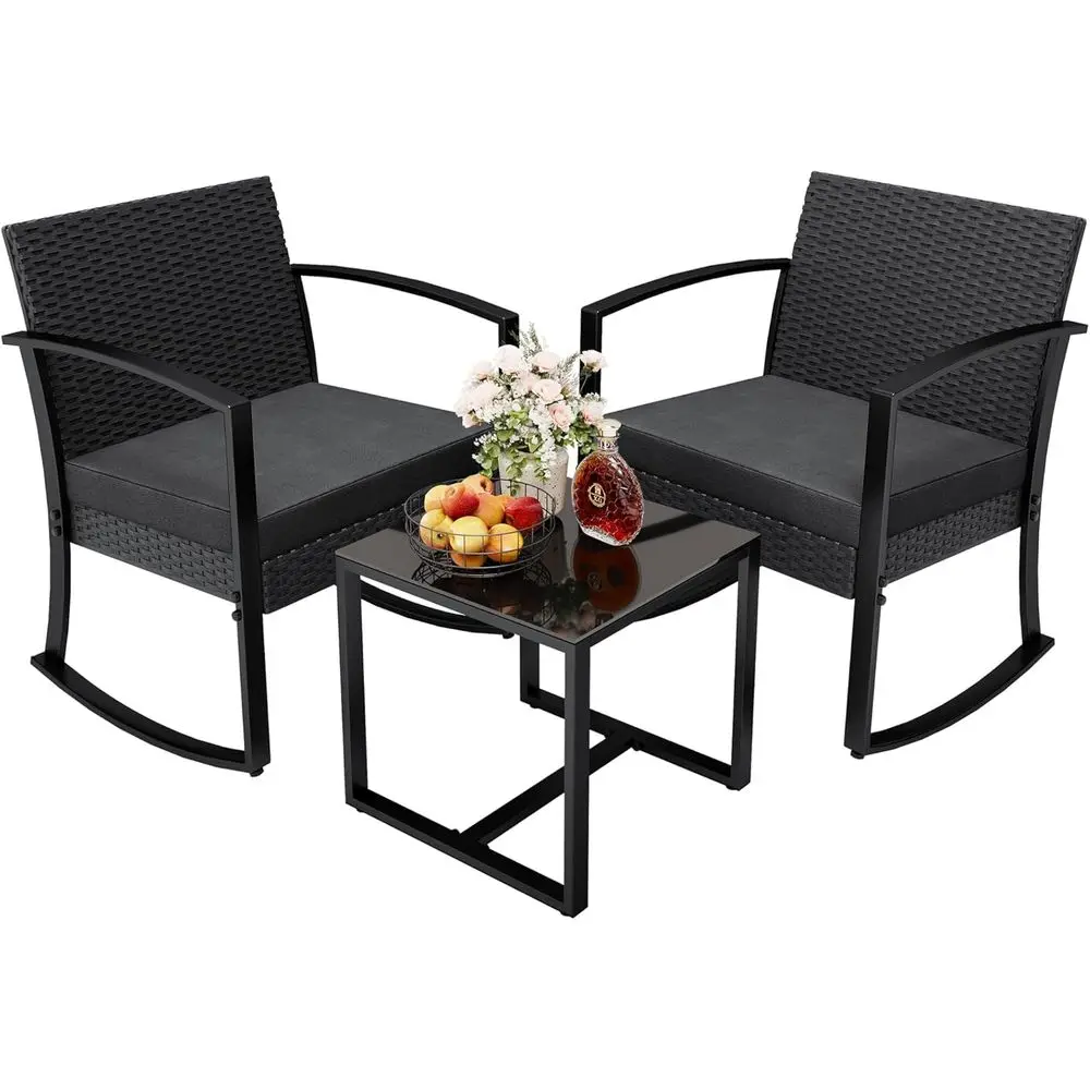 3 Pieces Outdoor urniture Set Patio Bistro Rocking Chairs with Glass Coee Table or Pool Beach Backyard Balcony Porch Deck Garden