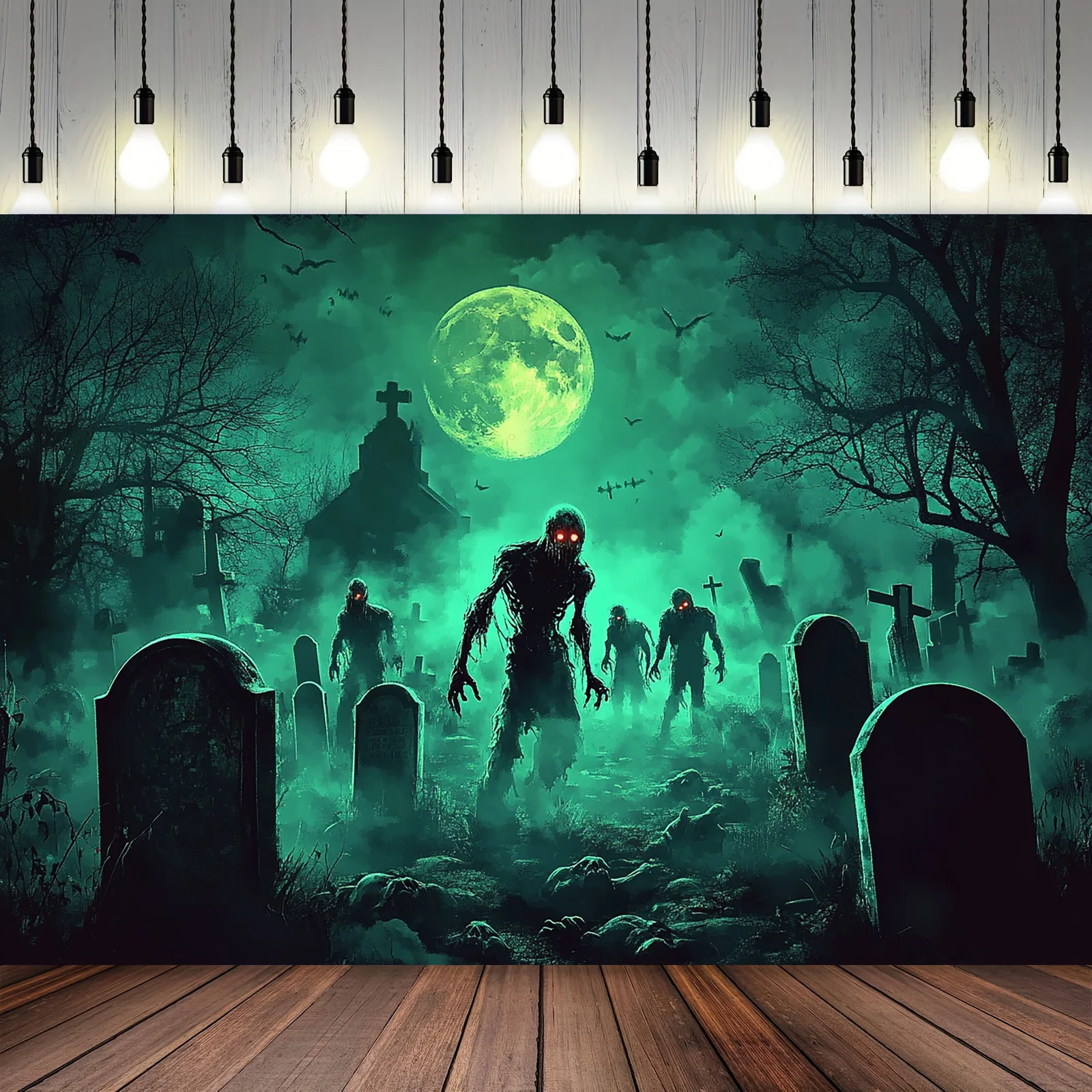 Bannière plate 2D, 1 bannière Halloween Zombie Graveyard Moonlight - Scène d'horreur cimetière avec chauves-souris et croix
