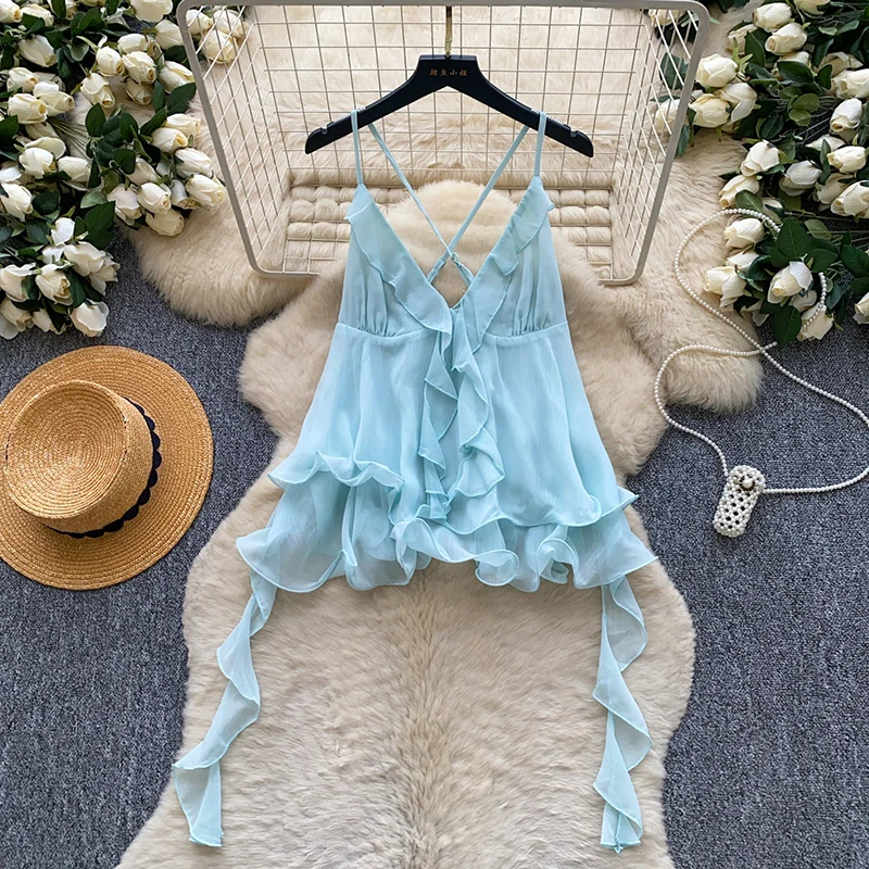 Summer Korean Version V-neck Ruffled Camisole Top for Women New Fashionable Sexy Cross Exposed Backless Ribbon Chiffon Top T108
