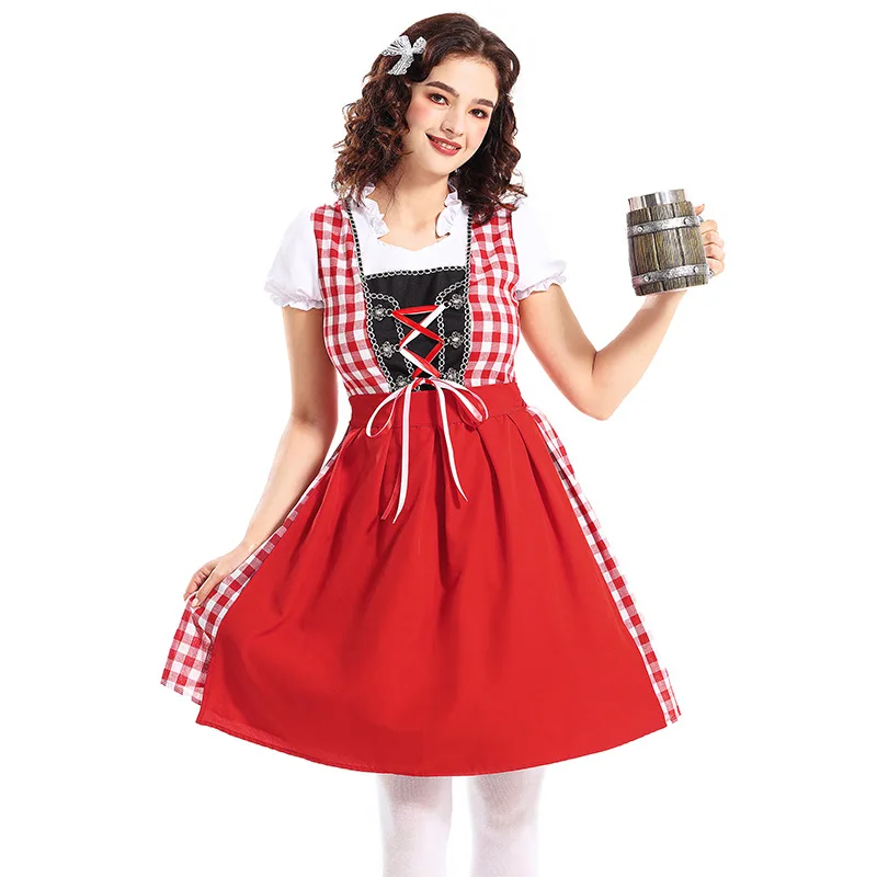 

Traditional Red Plaid Dirndl Dress for Women Girls Oktoberfest Costumes Beer Festival Maid Waitress Cosplay Halloween Party