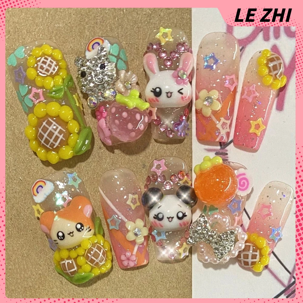 

Spice Girl Cartoon Anime Handmade Long Square Fake Nails Diamond Sunflower Cute Small Animals Pandas Rabbitsmice Fake Nail