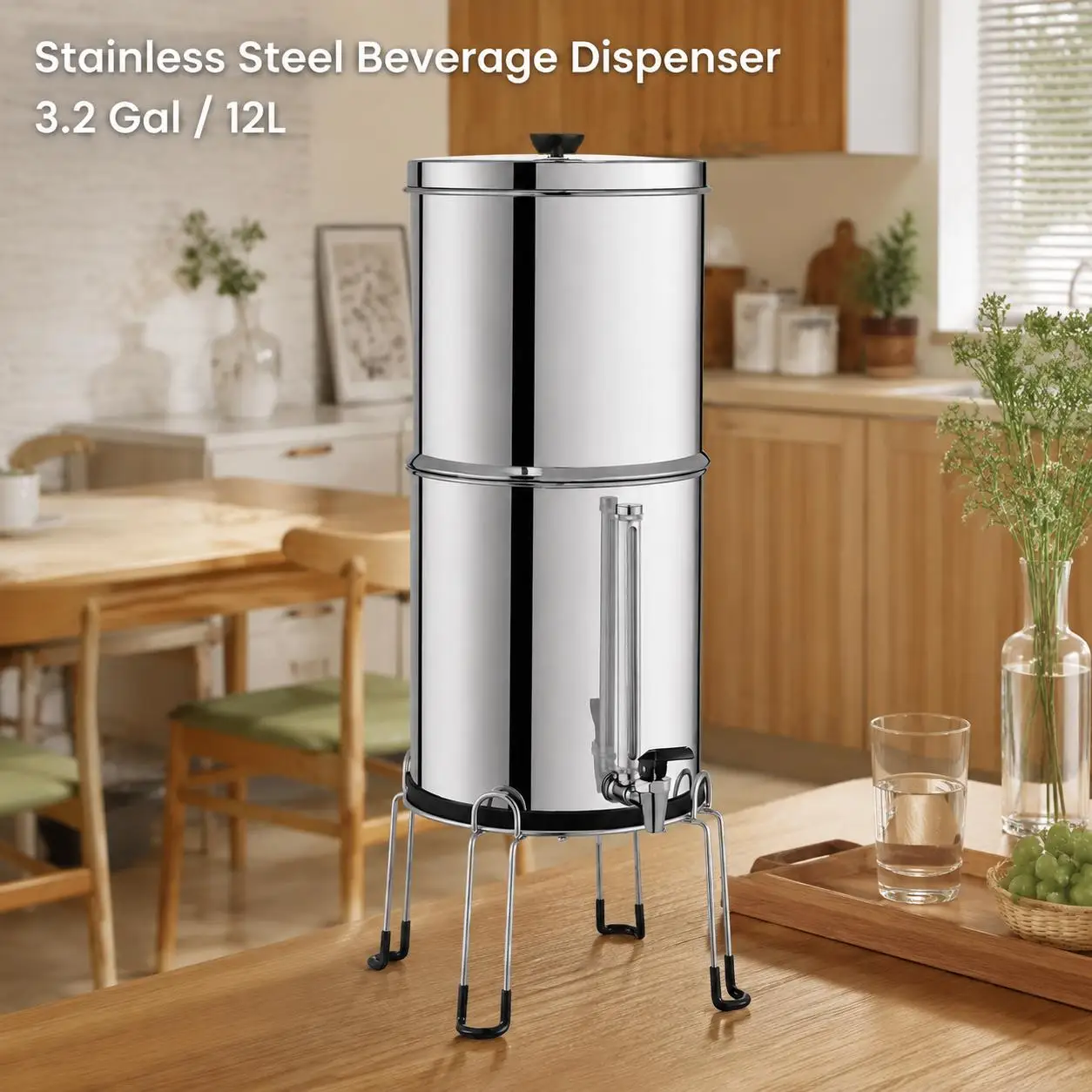 Système de filtration d'eau par gravité, système de filtration d'eau en acier inoxydable pour comptoir, système de filtration d'eau 7,8+8,5L, réduit le plomb et jusqu'à 99% du chlore, avec 2 filtres en céramique et carbone et robinet, camping, camping-car