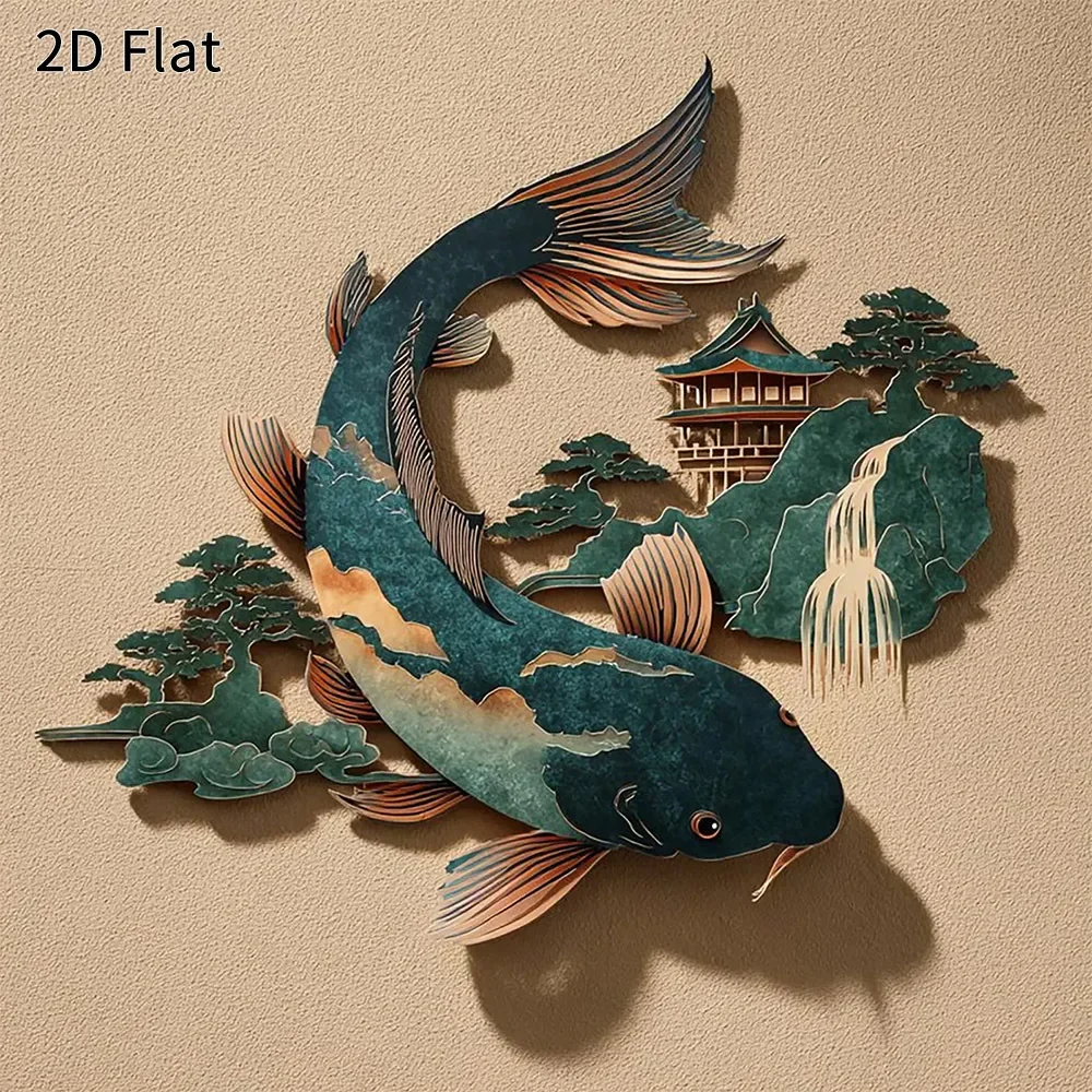 CIFBUY 1pc 2D Flat Koi Fish Metal Wall Art, Japanese Scenery Decor, Rustic Elegant Durable Plaque for Living Room Patio Garden