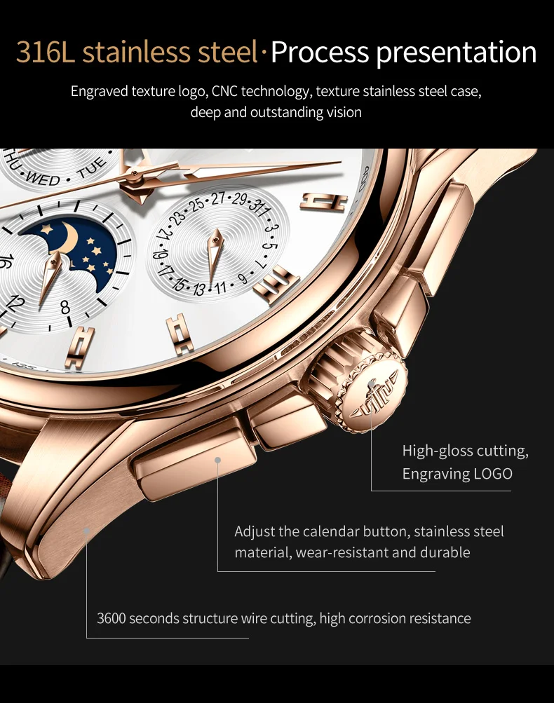 OUPINKE Top Men\'s Automatic Mechanical Wrist Watch Leather Strap Luxury Business Multi functional Lunar Phase Dial Reloj Hombre