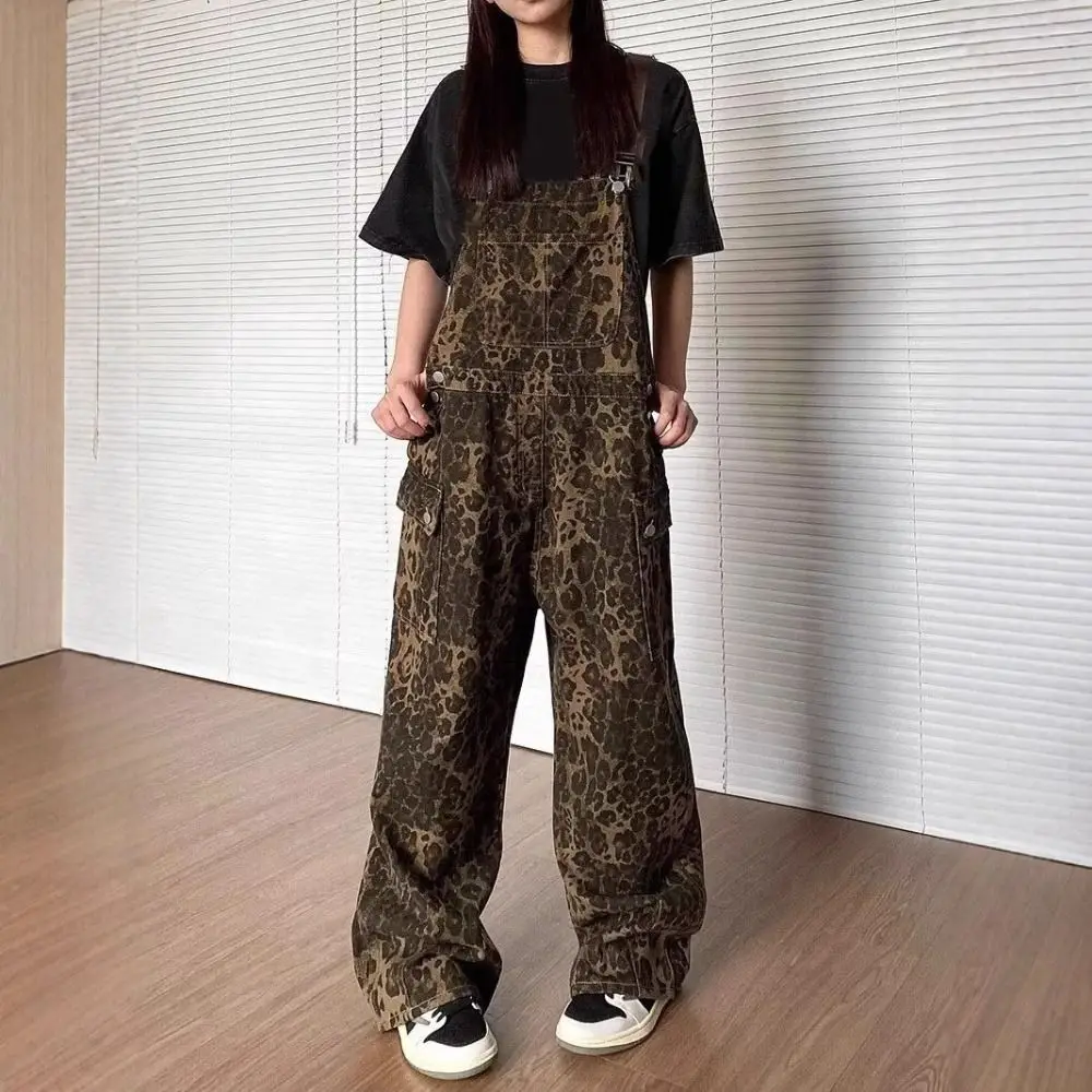 

Soft Baggy Leopard Print Overalls Straight Leg High Waist Rompers Women Y2k Wide Leg Retro Leopard Print Pants Lady