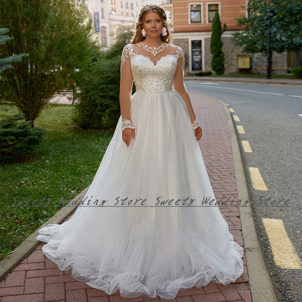 Sexy Illusion Wedding Dress Jewel Neck Long Sleeves Sequin Applique Back Lace-up Corset Bridal Gown Plus Size Bride Dresses