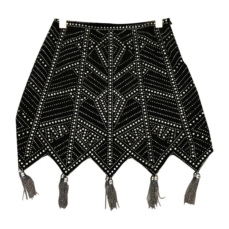 Fashion 2023 New Black Diamonds Tassel Skirt Arrivals Patten Hot Drill Chain Fringed Women Accessories A-LINE High Street