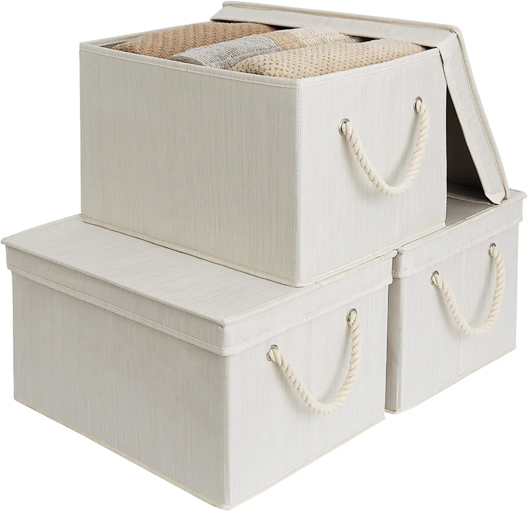 

StorageWorks 32L Storage Bins with Lids, Decorative Storage Boxes with Lids and Soft Rope Handles, Mixing of Beige,3-Pack