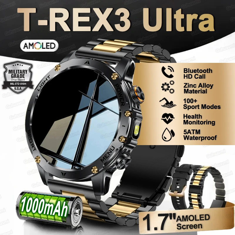 

2026 T-Rex 3 Military Grade 1000mAh Battery Smart Watch IP68 Waterproof GPS Bluetooth Call 1.7"AMOLED Screen Sports Smart Watch