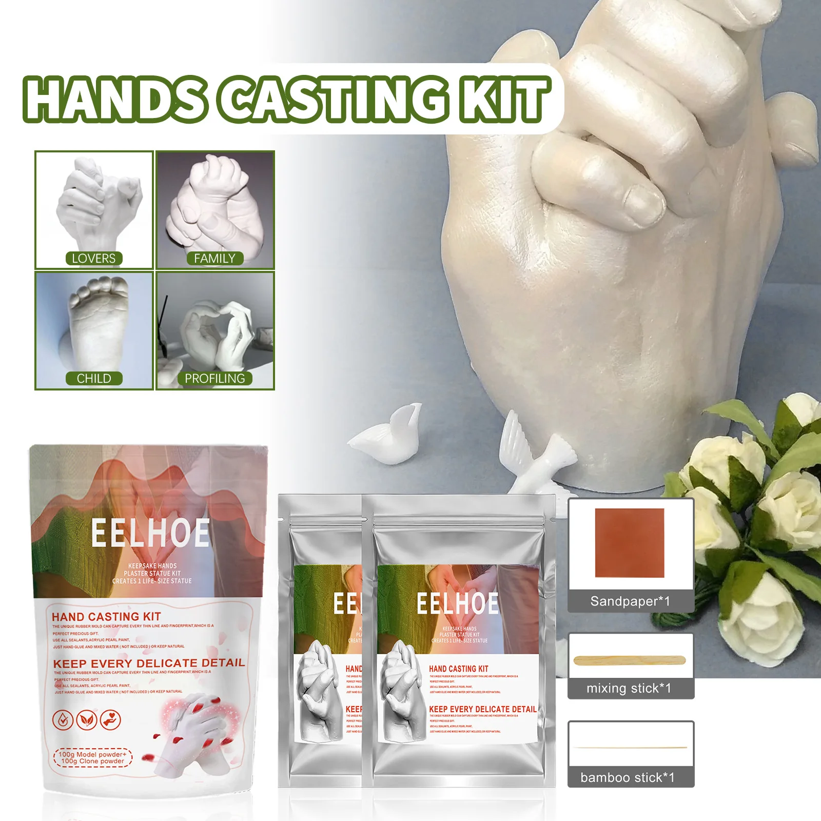 Hand Casting Kit Keepsake DIY Hand Mold Kit with Bucket Powder Sandpaper Stick Preserve Memories Sculpture for Couples Families