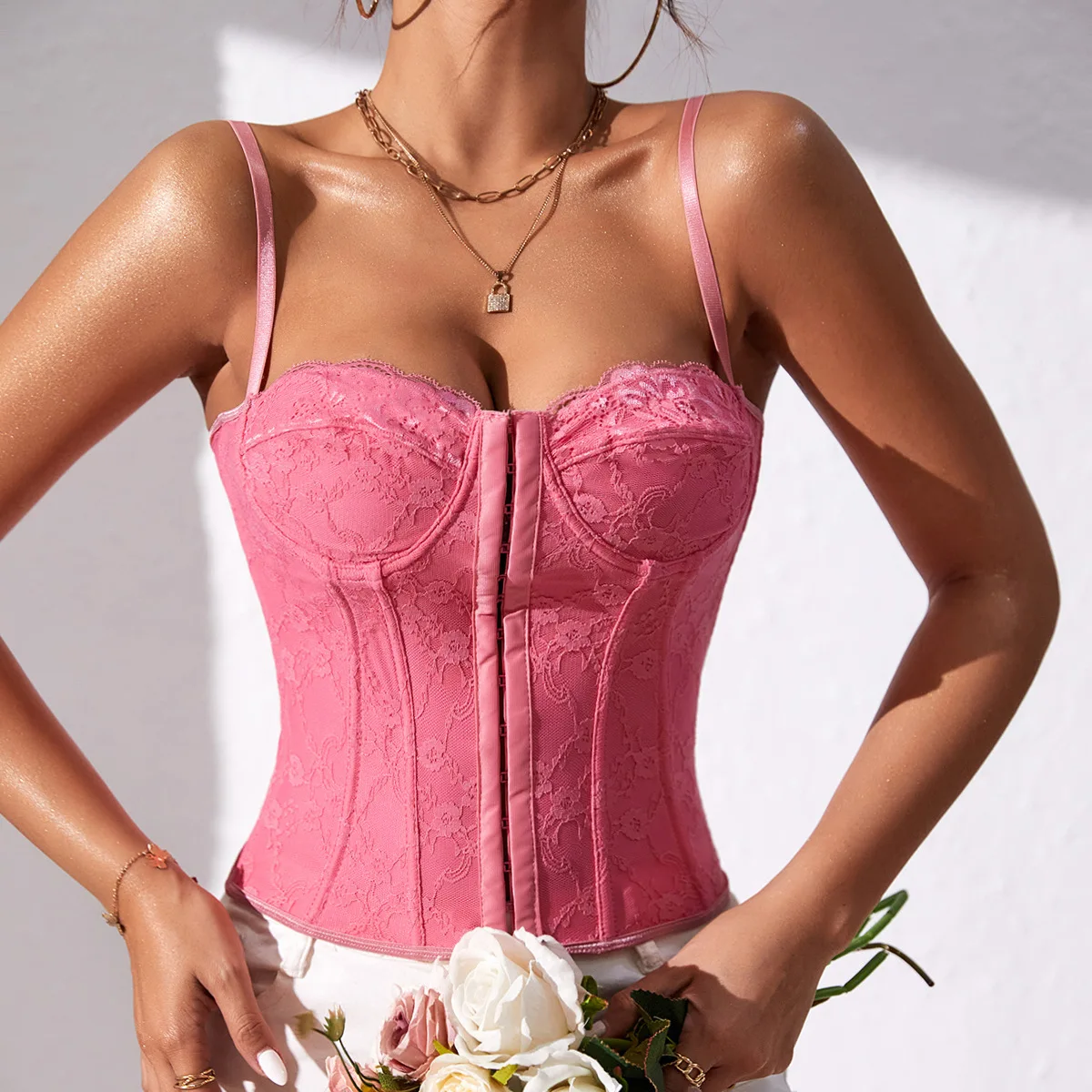 Sexy Embroidery Lace Women Camis Tops Women Corset Bralette Cami Front Buttons Crop Cute Vest Elegant French Chic Party Clubwear