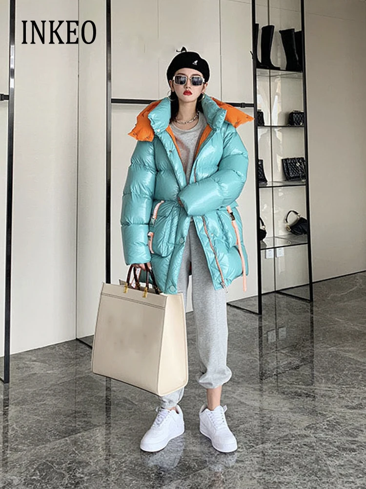 

High quality winter women'S wear medium and long contrast punk down jacket fashion design pockets trend Outwear INKEO 1O115