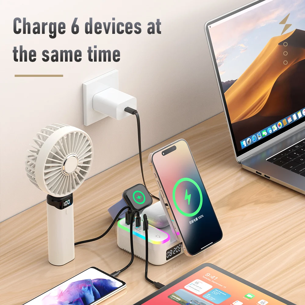 

Многофункциональная беспроводная зарядная станция 8-в-1 с LED-подсветкой и магнитной складной подставкой для iPhone 17/16/15/14/13, Apple Watch 9/8/7/6