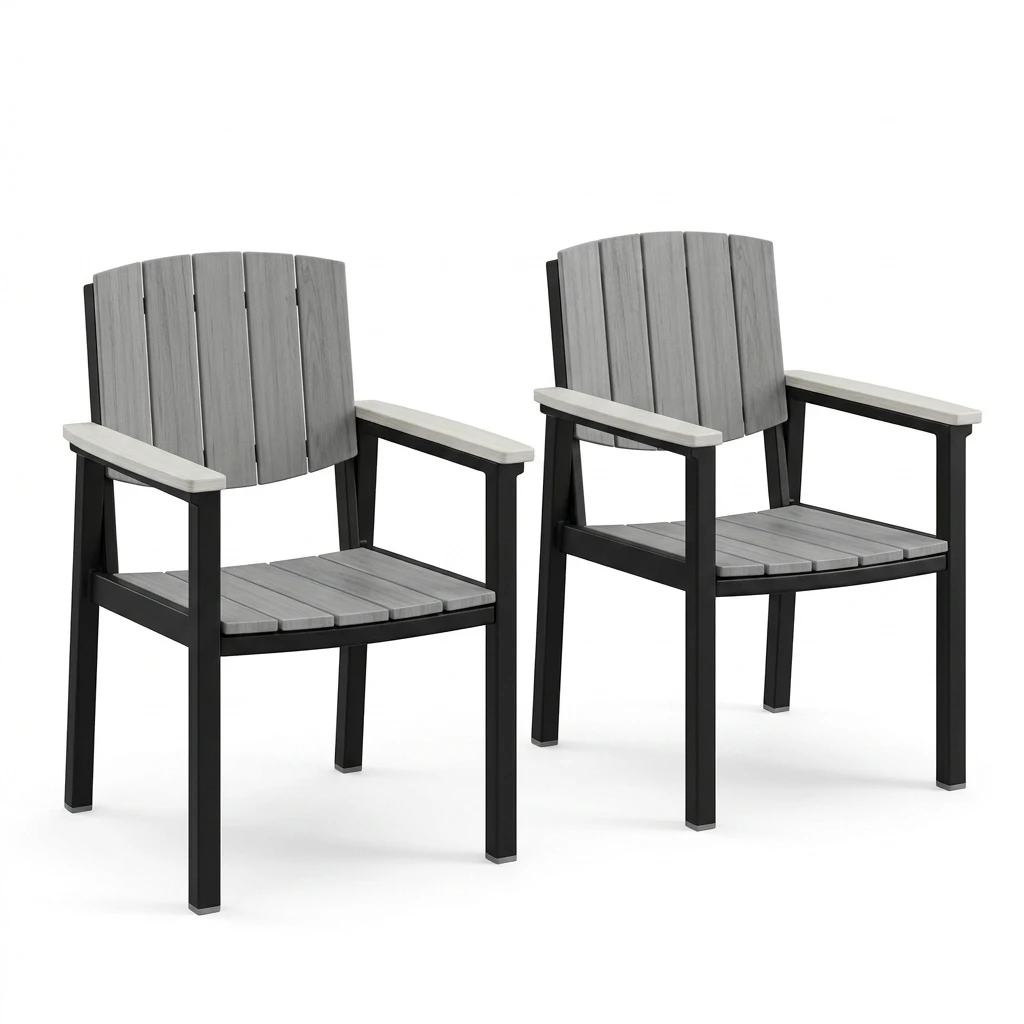 2-piece outdoor dining chair set; made of aluminum alloy with armrests and a wood-grain finish; suitable for gardens and patios.