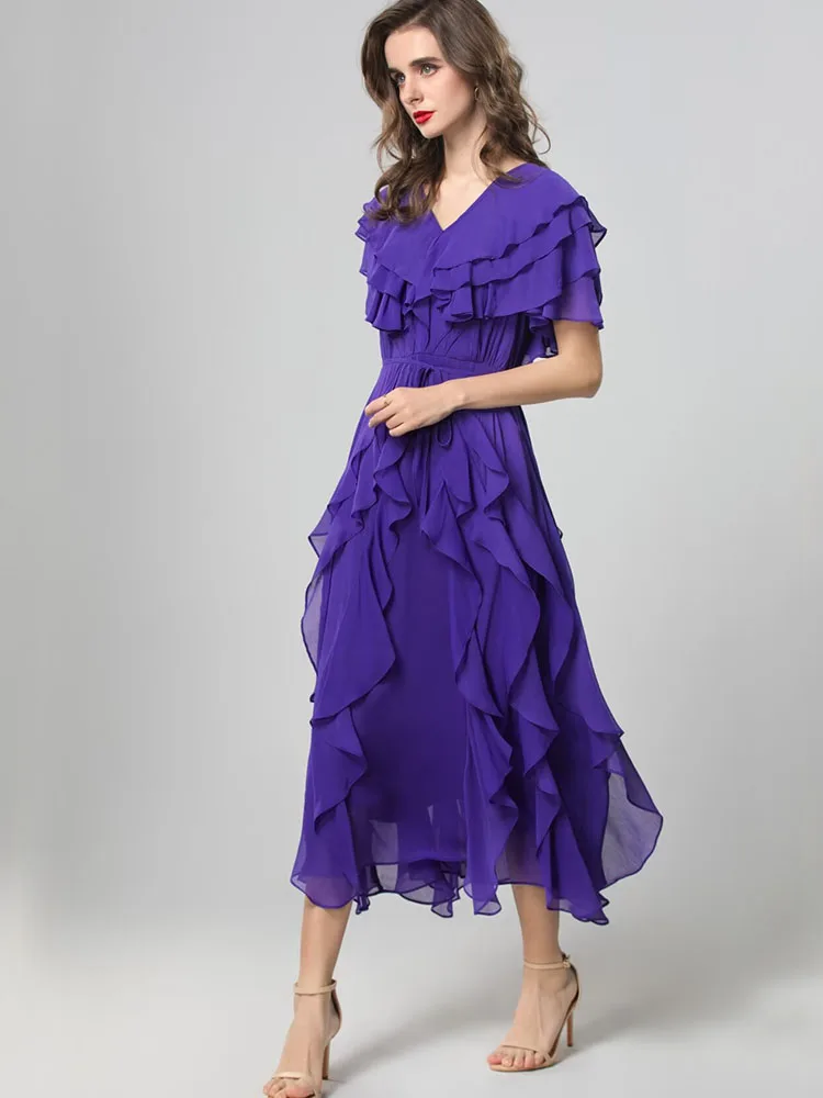 JUNLINNA  Fashion Summer Women Runway Dress V Neck Butterfly Sleeve Ruffles Party Holiday Vestidos Slims