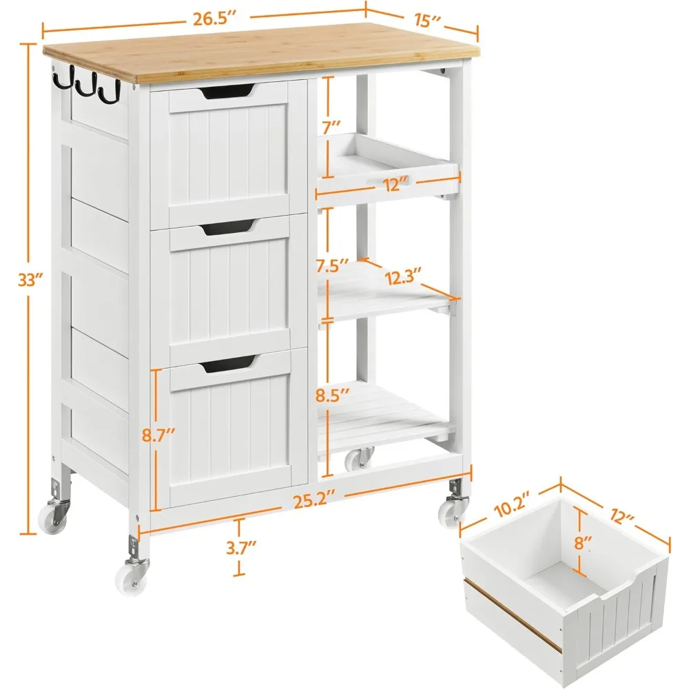 Kitchen island cart on wheels with bamboo countertop, 3 drawers, 3 removable shelves, lockable casters, storage cabinet