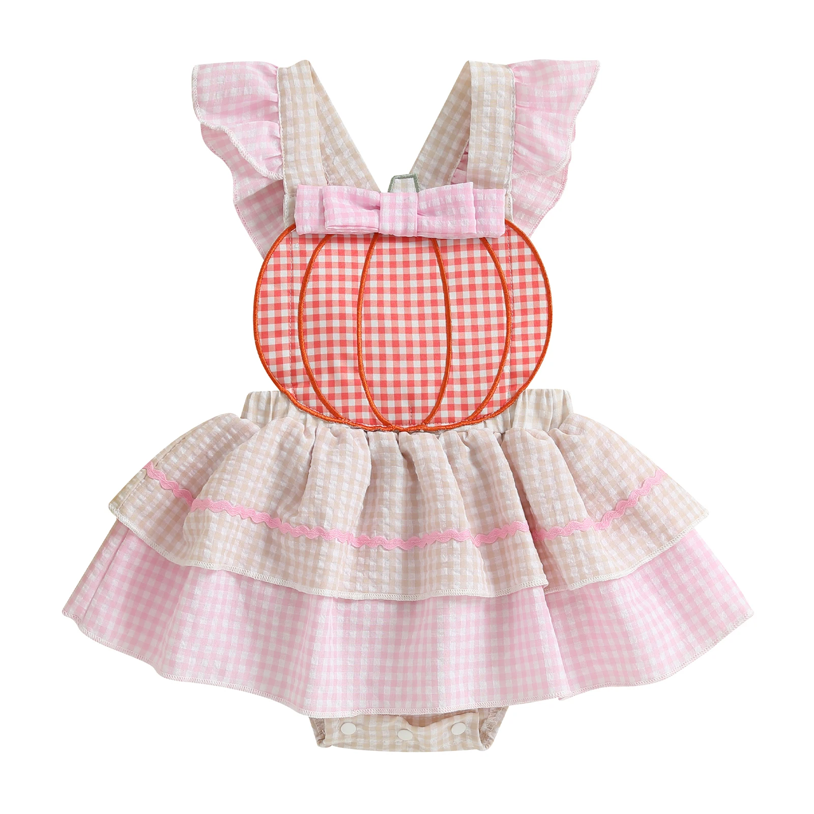 

Baby Girl Halloween Romper Casual Pumpkin Embroidery Plaid Fly Sleeves Jumpsuit for Newborn Toddler Cute Clothes