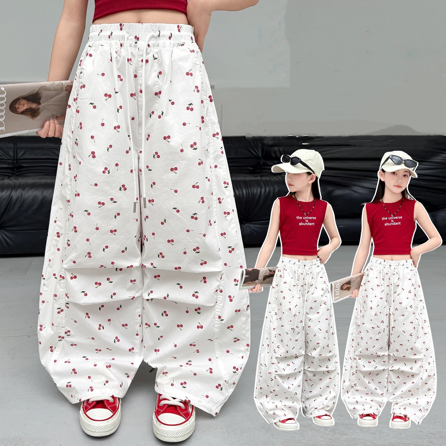 Girls' summer casual pants 2026 new fashion american style work pants cherry print quick drying pants